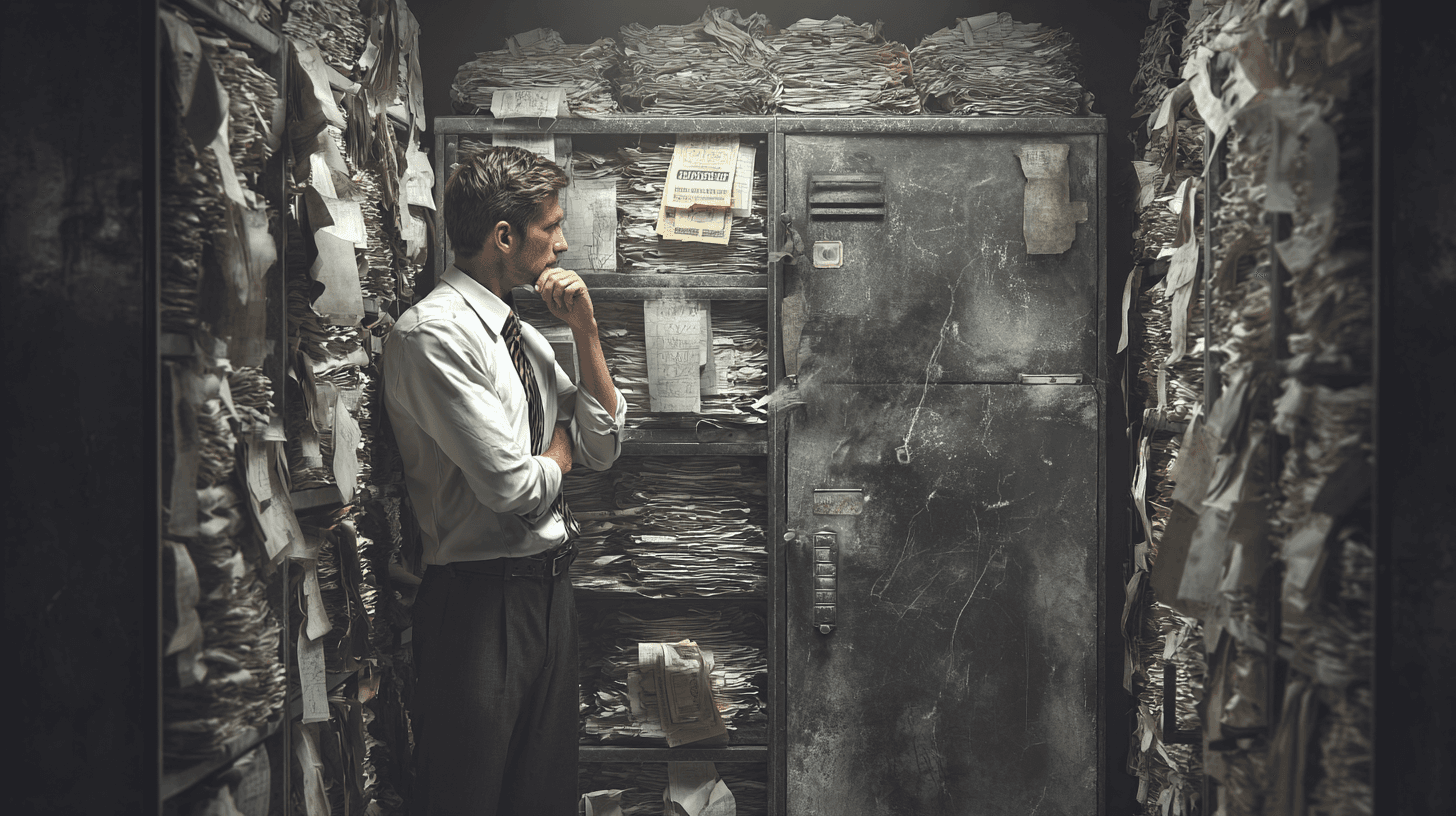 A startup entrepreneur opens the steel closet with all his patents, and sees piles of paper covered with dust and cobwebs. He rubs his chin, thinking, "Why do I own all these patents?" Photorealistic image